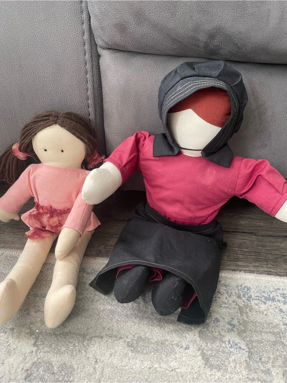 Lot of 2 Handmade Style Rag Cloth Girl Dolls Brown Straight Hair Black Eyes